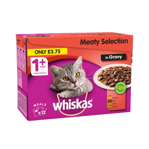WHISKAS CAT POUCHES POULY SELECTION IN GRAVY 12PK - 100G
