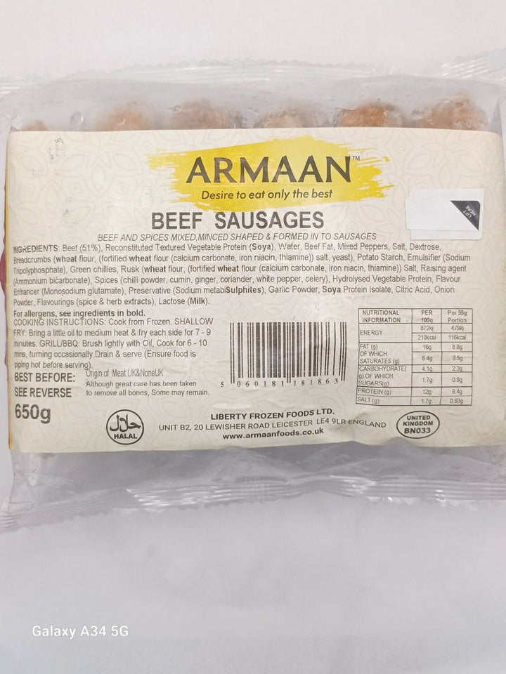 ARMAAN BEEF SAUSAGES - 650G - Branded