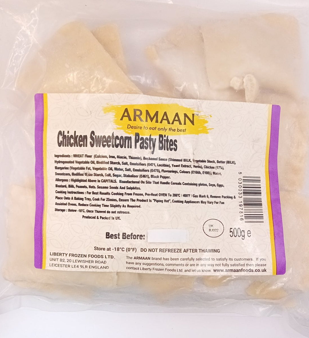 ARMAAN CHICKEN SWEETCORN PASTY BITES - 500G - Branded