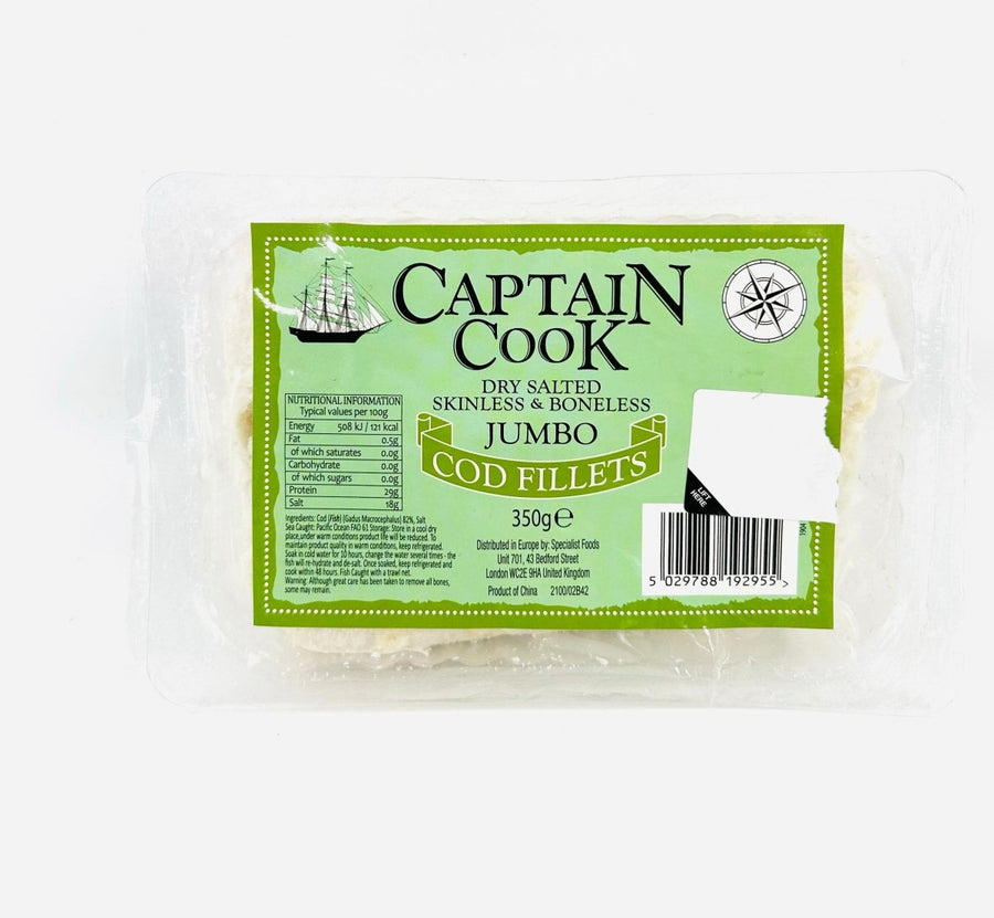 CAPTAIN COOK DRY SALTED SKINLESS & BONELESS JUMBO COD FILLETA - 350G - CAPTAIN COOK