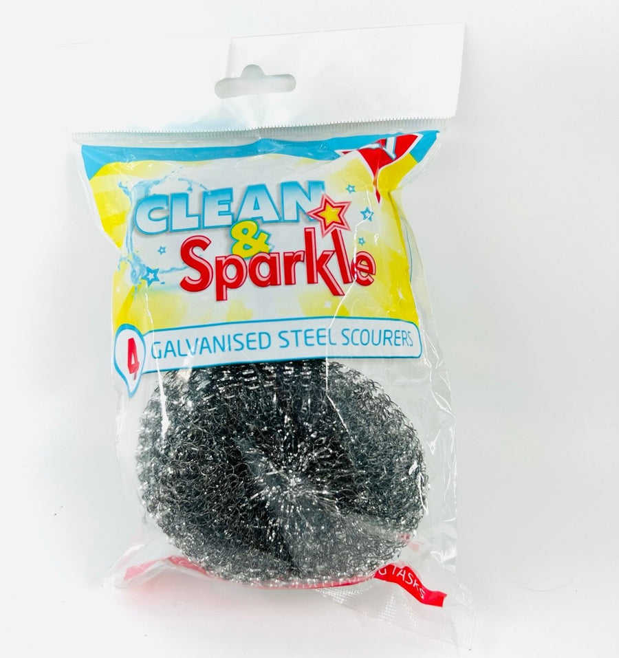 CLEAN & SPARKLE GALVANISED STEEL SCOURERS - 4PIECES - CLEAN & SPARKLE