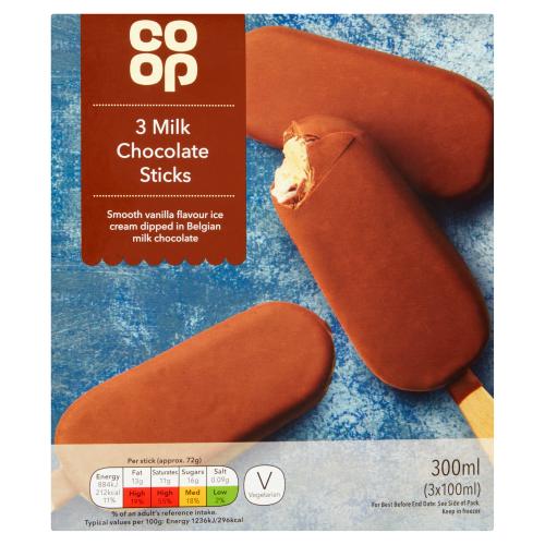 CO OP 3 MILK CHOC STICKS - 300ML - CO OP