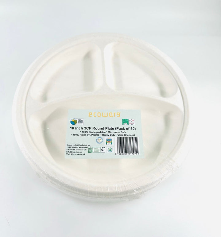 ECOWARE 10''3 COMPARTMENT ROUND PLATE - 50PCS - Branded