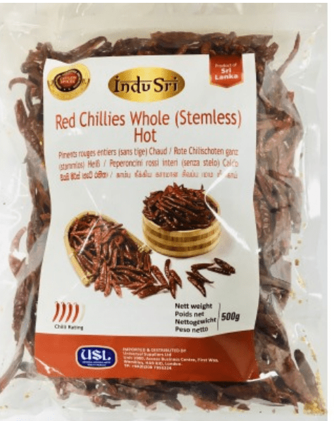 INDU SRI RED CHILLIES WHOLE (STEMLESS) HOT - 500G - INDU SRI