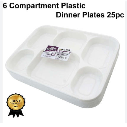 PRIMA 6 COMPARTMENT PLASTIC DINNER PLATES - 25 PIECES - PRIMA