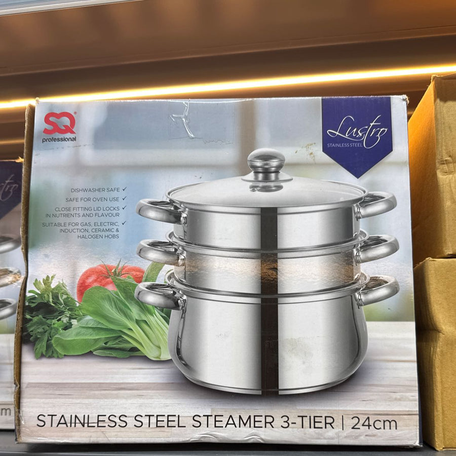 Sq Lustro Stainless Steel Steamer 3 Tier(4.5ltr) - 24cm - SQ PROFESSIONAL