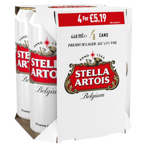 STELLA ARTOIS BELGIUM PREMIUM LAGER CANS 4PK - 440ML - STELLA ARTOIS