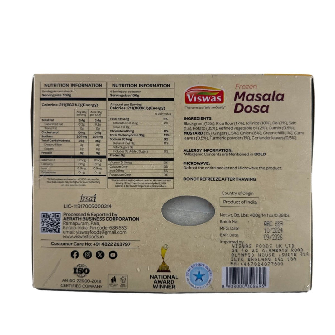 Viswas Frozen Masala Dosa Ready To Eat - 400g - VISWAS