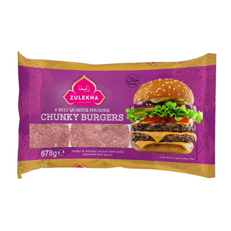 ZULEKHA BEEF QUARTER POUNDER CHUNKY BURGERS - 678G - ZULEKHA