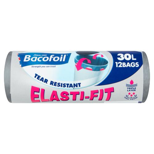 BACO FOIL ELASTI-FIT BIN BAGS 30L - 12PK