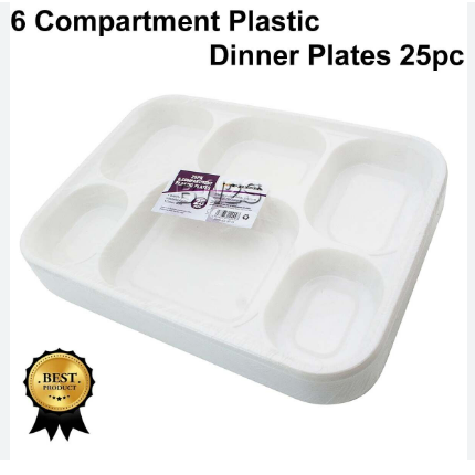 PRIMA 6 COMPARTMENT PLASTIC DINNER PLATES - 25 PIECES