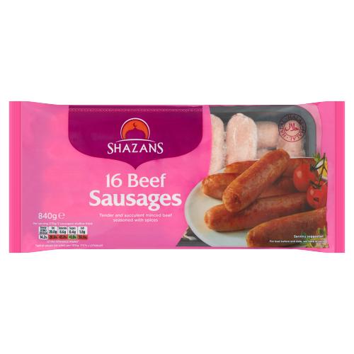 SHAZANS 16 BEEF SAUSAGES - 840G